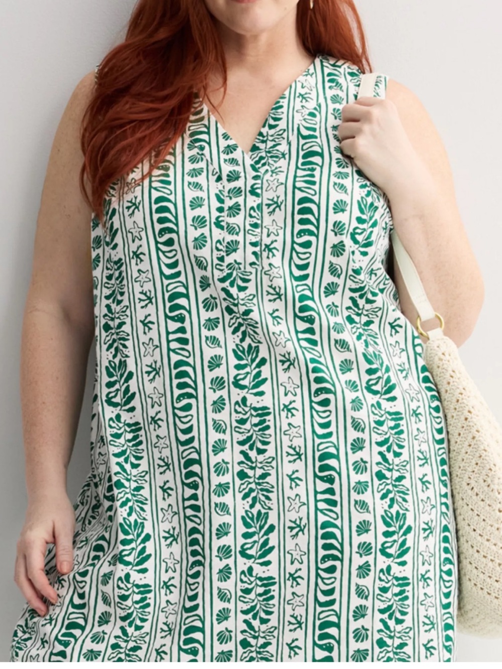 Sleeveless V-Neck Green & White Printed Women's Dress